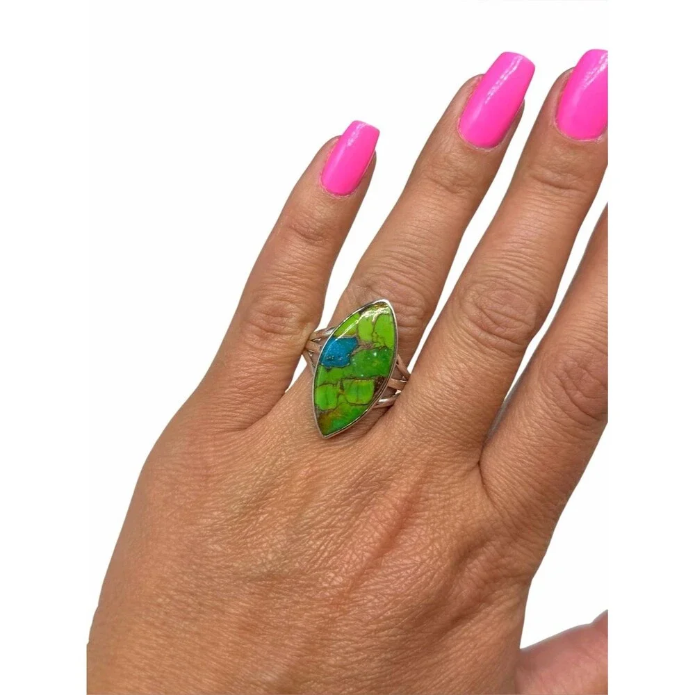 Green & Blue Mohave Turquoise Ring Size 10.5 Solid 925 Sterling Silver